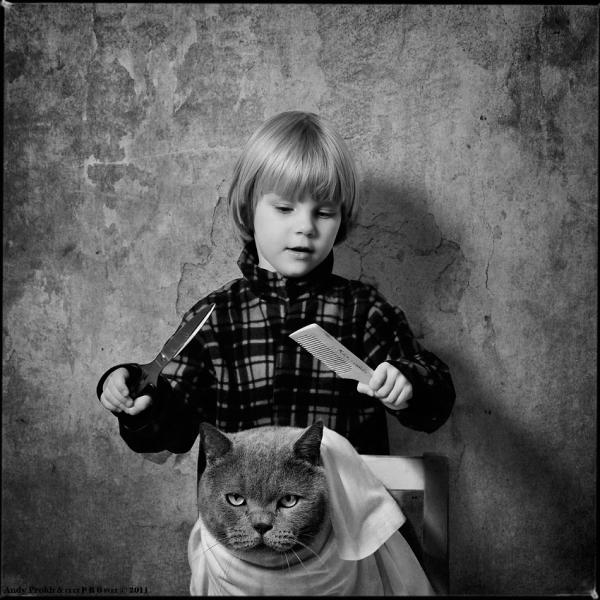 Andy-Prokh, The-Barber-First-Experience, The-Barber, girl-and-cat, black-and-white, black-and-white-photography