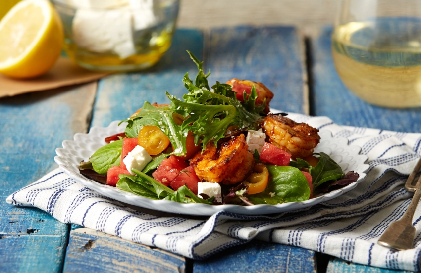 BRIGHTEN UP YOUR PLATE WITH OUR SUMMER FAVORITE: GRILLED SHRIMP, WATERMELON & FETA SALAD